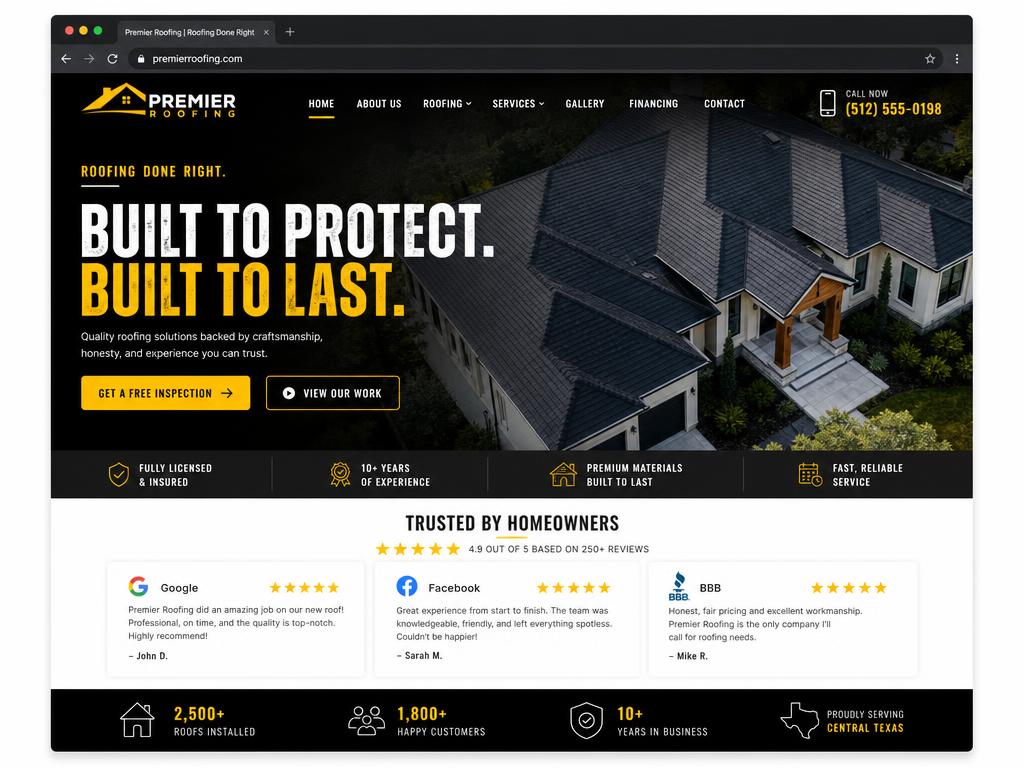 Premier Roofing website homepage design